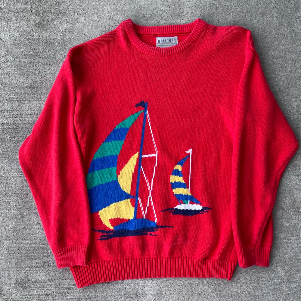 Vintage 90s beach boho sailboat ocean sweater knit jumper nautical boat